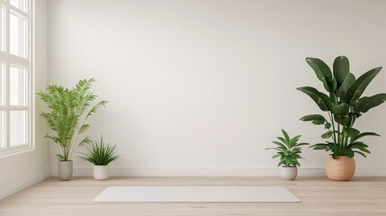 Fototapeta premium Indoor minimalistic yoga setup with mat and plants tranquil environment natural light serene viewpoint