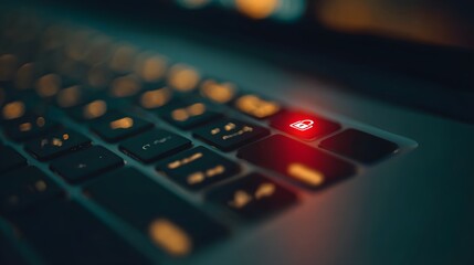A keyboard with a security key on it. The key is yellow and is in the middle of the keyboard