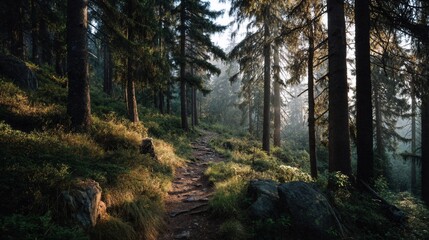 Fototapeta premium Sunlit Forest Trail through Pine Trees