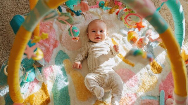 Infant lying on colorful play mat, reaching toward hanging toys, developing motor skills during playful tummy time with cheerful expression