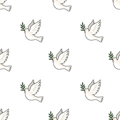 Seamless vector pattern of white doves carrying olive branches, symbolizing peace and hope, perfect for religious or celebratory designs.