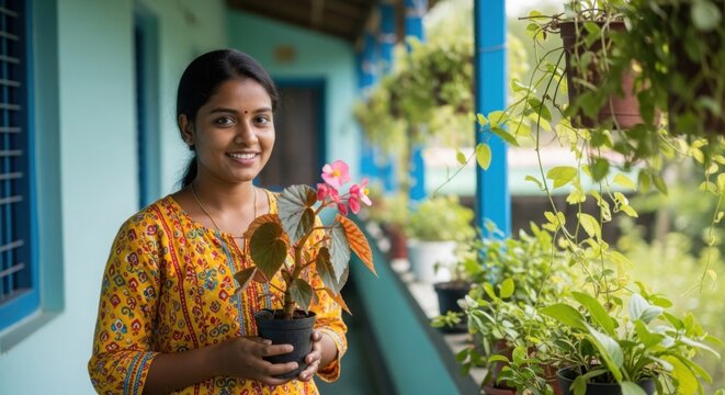 Young indian woman smiling holding a potted plant with vibrant flowers on a balcony with lush greenery