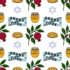 Seamless vector pattern with hand-drawn Rosh Hashanah symbols: challah bread, pomegranate, honey pot, Star of David, and Shana Tova ribbon banner, perfect for festive design projects.