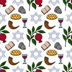 Seamless vector pattern of Rosh Hashanah symbols: pomegranate, shofar, challah, wine, fish head, Torah and Star of David, perfect for festive design and backgrounds.