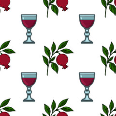 Seamless vector pattern featuring stylized pomegranates and glasses of juice, perfect for Rosh Hashanah or autumn-themed designs.