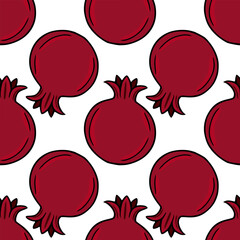 Seamless vector pattern of stylized pomegranates in deep red and maroon, perfect for Rosh Hashanah or autumn-themed designs.