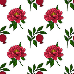 Seamless vector pattern of blooming peonies and pomegranate fruits, a vibrant floral design with rich red and green hues, perfect for textile prints, wallpapers, or festive decorations.