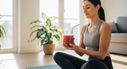 Young woman in workout clothes sitting on yoga mat holding a healthy red smoothie