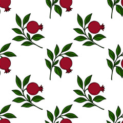 Seamless vector pattern of stylized pomegranate branches with red fruits and green leaves, perfect for textile design or festive backgrounds.