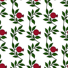Seamless vector pattern of stylized pomegranate branches with dark green leaves and ripe red fruits, creating a repeating botanical design ideal for textile prints or surface patterns.