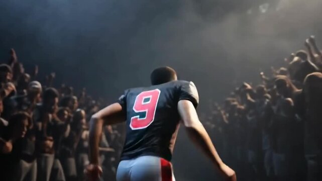 A football player in a jersey with the number 9 walks onto the field, surrounded by a cheering crowd and dramatic lighting.