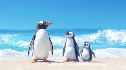 Obraz premium Three adorable penguins on a sunny beach, gazing at the ocean waves.