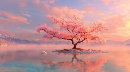 Pink Cherry Blossom Tree On Island At Pink Sunrise Over Lake