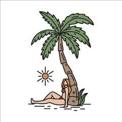 Tropical Vacation Illustration of a Woman Relaxing Under a Palm Tree in Sunny Weather