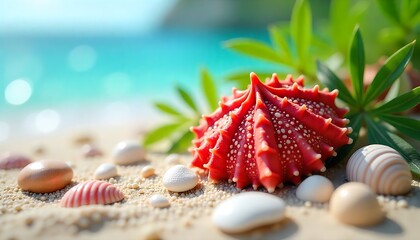seashells on sand at beach, 3d beach scene seashells, pebbles, red urchin with droplets, created with generative ai