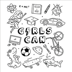 Empowering Black and White Doodle Illustration with “Girls Can” Text and Symbols of Science, Sports, and Creativity
