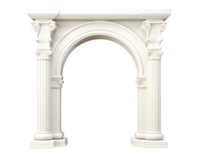 Elegant white architectural archway with classical columns framing an opening, meticulously detailed, on transparent background