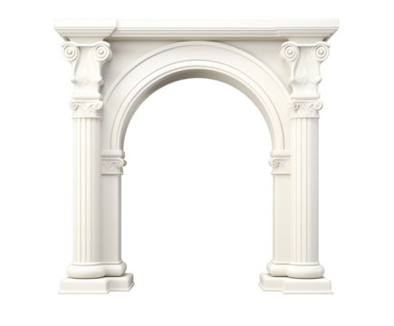 Elegant white architectural archway with classical columns framing an opening, meticulously detailed, on transparent background