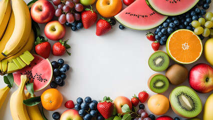 An assortment of fresh fruits including bananas, grapes, strawberries, watermelon, apples, oranges, and kiwi arranged around a white space.
