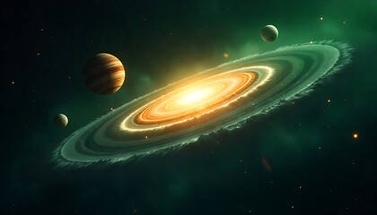 Conceptual universe and galaxies image, cosmic scene with swirling galaxy surrounded by planets and stars in darkness, Spiral Galaxy Space Stars, created with generative ai