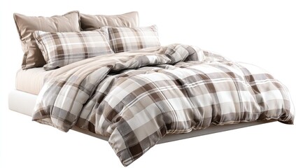 Beige and brown plaid comforter set on a bed