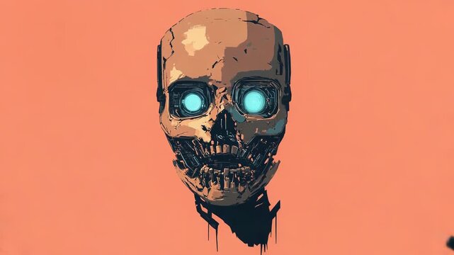 Skull like robot head exploding with glowing eyes on orange background