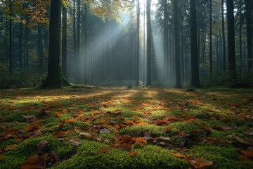 Fototapeta premium Sunbeams filtering through leaves in a forest.