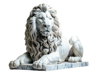 White marble lion statue, isolated on a pristine white background, displays exquisite craftsmanship, majestic posture, intricate details, and timeless elegance, making it a powerful symbol of strength