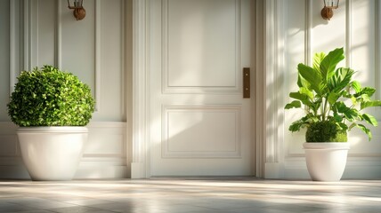 Whimsical illustration of hotel lobby with topiary sculptures made from plants.