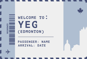 Welcome to Edmonton, Canada card template. Vector boarding pass style postcard illustration with airport code, city skyline, flight info. Luggage tag image layout
