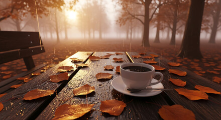 A warm cup of coffee rests on a wooden table scattered with wet autumn leaves in a foggy, rainy park.
