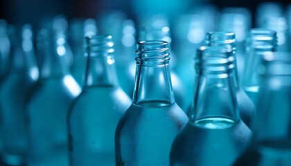 Glass bottle automatic production workshop, Collection of various glass bottles, Transparent glass bottles, various sizes, arranged in row with central gear, created with generative ai