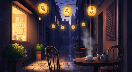 A quiet outdoor cafe on a cobblestone alley at night, illuminated by glowing Asian lanterns.