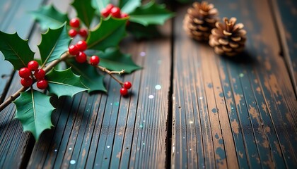 festive holiday background, Christmas decoration, creating a warm holiday atmosphere, a festive Christmas decoration featuring holly leaves and pine cones on rustic surface created with generative ai