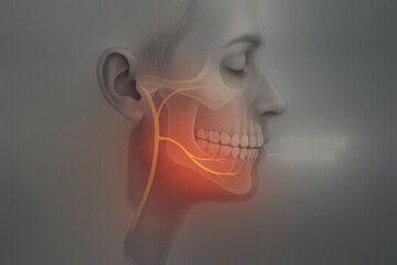 Obraz premium Side anatomical face view with red glow along jaw tracing mandibular nerve, ideal for illustrating trigeminal neuralgia (V3), jaw pain, or dental nerve misinterpretation in clinical medical visuals.