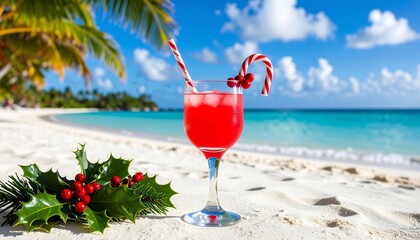 Tropical Christmas Cocktail on White Sand Beach