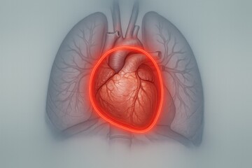 Frontal anatomical view of heart and glowing red pericardial sac, ideal for illustrating pericarditis or viral inflammation of pericardial lining in clear clinical visuals and medical illustrations.