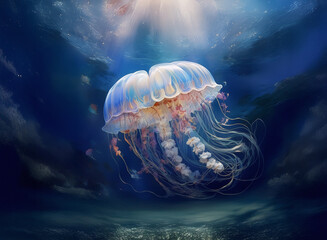 A jellyfish gracefully drifts in the deep, dark blue ocean. Sunlight pierces through the water, illuminating the serene underwater background.