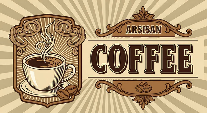 A vintage-style coffee label with a steaming cup, beans, and ornate scrollwork on a sunburst background. - Powered by Adobe