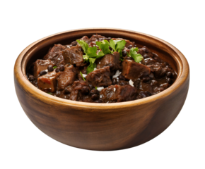 Delicious and hearty Brazilian feijoada stew served in a wooden bowl on transparent background