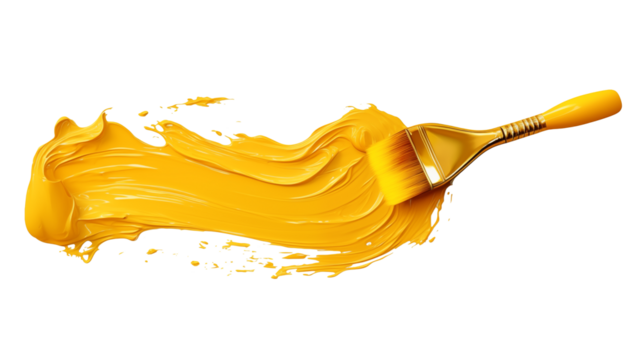 A yellow paint brush with a smear of yellow paint on a blank  background in a studio shot