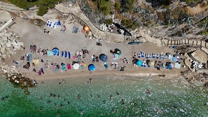 Makarska city town croatia coastal adriatic drone aerial view Dalmatian coast Biokovo mountains
