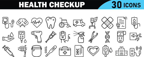 Health checkup icon set. Thin line editable stroke icons bundle. Contains such icons as hospital, doctor, nurse, stethoscope, instruments, organs, tests, viruses, lung, eye, hearing, kidneys and more 
