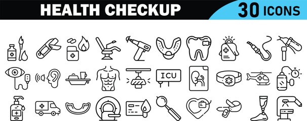 Health checkup icon set. Thin line editable stroke icons bundle. Contains such icons as hospital, doctor, nurse, stethoscope, instruments, organs, tests, viruses, lung, eye, hearing, kidneys and more 