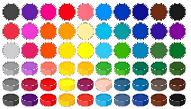 A grid showcases an array of vibrant colored cylindrical paint containers, each subtly distinct in hue, arranged systematically against a stark white backdrop