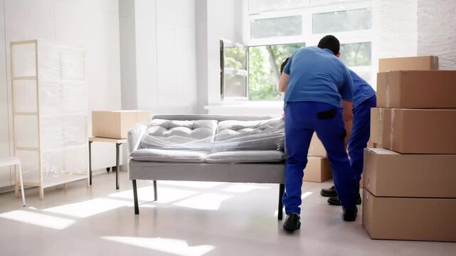 Professional Residential Movers Wrapping Furniture Before