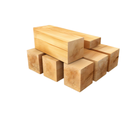 Stack of raw wood building blocks arranged artistically for carpentry and construction, isolated on transparent background