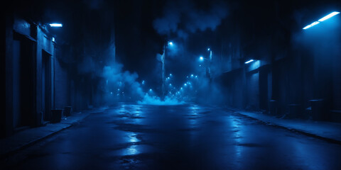 erie Urban Alley Illuminated by Blue Lights in a Mysterious Night Atmosphere