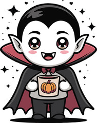 Cute cartoon vampire holding a pumpkin coffee isolated on white background