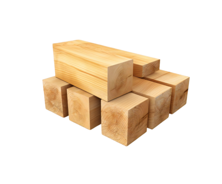 Stack of raw wood building blocks arranged artistically for carpentry and construction, isolated on transparent background